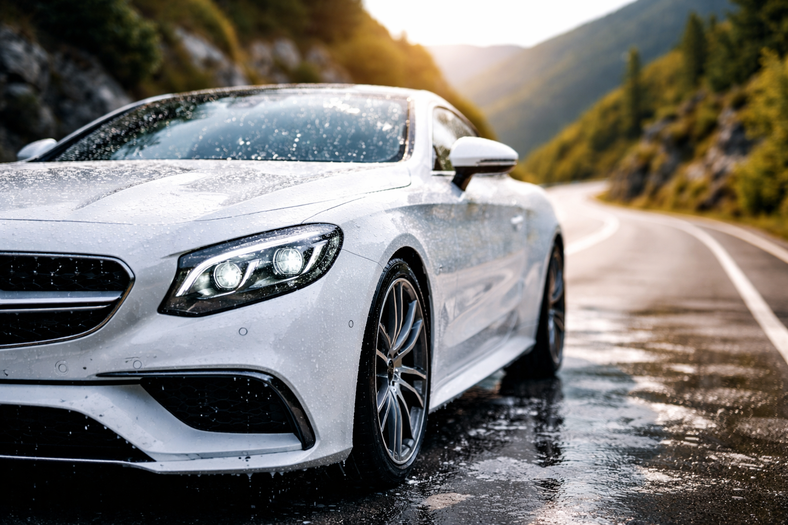 Detalle de un coche blanco con gotas de agua sobre la carrocería